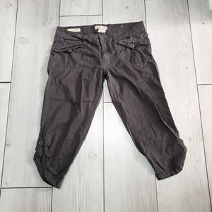 Brown Grey Braided Pocket Button Relaxed Capri Pants